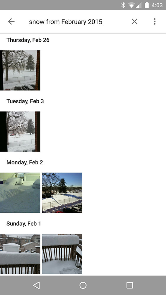 Google Photos search for 'snow from February 2015'